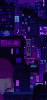 Neon cyberpunk cityscape with vibrant purple lights.