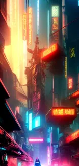 Neon-lit cyberpunk cityscape wallpaper with vibrant colors.