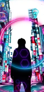 Futuristic neon cityscape with silhouette and vibrant colors in cyberpunk style.