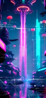 Neon cyberpunk cityscape with character surrounded by futuristic signs.