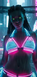 Cyberpunk neon lady in vibrant cityscape.