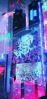 Vibrant neon cyberpunk cityscape with futuristic skyscrapers.