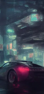 Futuristic car in a neon-lit cyberpunk cityscape at night.