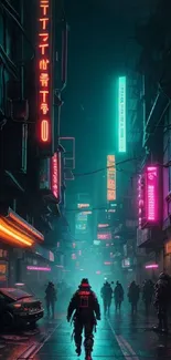 A neon-lit cyberpunk cityscape with silhouettes on a futuristic street.