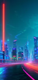 Neon cityscape with futuristic skyscrapers and vibrant colors.