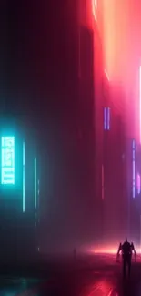 Neon-lit cyberpunk cityscape with vibrant red and blue hues.