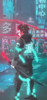 Cyberpunk cityscape with neon lights and a futuristic character holding a sword.