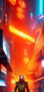 Futuristic cyberpunk cityscape with neon lights and vibrant colors.