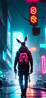 Futuristic figure in neon-lit city street with vibrant signs.