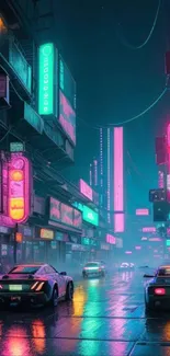 A vibrant neon-lit city street captured at night, with futuristic urban elements.