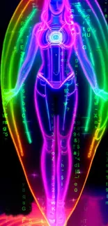 Neon cyberpunk wallpaper with holographic figure and digital elements.