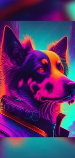 Neon cyberpunk dog with vibrant colors.