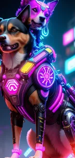 Two cyberpunk dogs with neon armor stand in a futuristic cityscape.