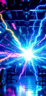 Cyberpunk neon light burst wallpaper with blue energy