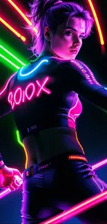 Neon cyberpunk female with vibrant lights and dynamic pose.