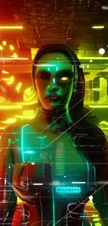 Futuristic neon cyberpunk wallpaper with android figure.