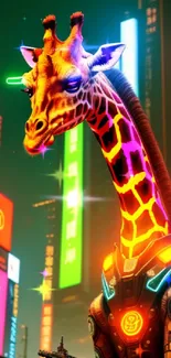 Neon robotic giraffe in cyberpunk cityscape mobile wallpaper.