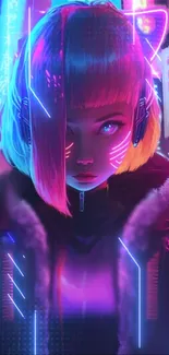 Neon cyberpunk girl in futuristic setting with vibrant colors.