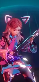 Neon cyberpunk girl playing electric guitar in vibrant colors.