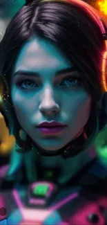 Futuristic cyberpunk girl with neon colors in a vibrant wallpaper.