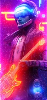 Neon cyberpunk guitarist with vibrant futuristic neon lights.