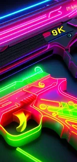 Neon cyberpunk styled guns on a colorful wallpaper background.