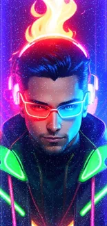 Neon cyberpunk character with glowing headphones and vibrant colors.