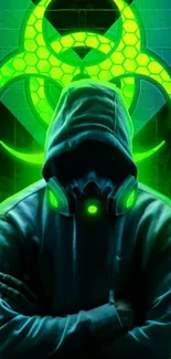 Neon cyberpunk wallpaper featuring a hooded figure with biohazard symbol.