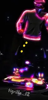 Neon cyberpunk artwork with hoverboard, vibrant and eye-catching.