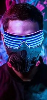 Futuristic figure with neon mask and vibrant blue and pink lights.