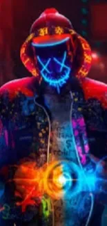 Neon cyberpunk wallpaper with masked figure and glowing lights.