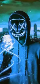 Neon-lit masked figure in a cyberpunk cityscape.