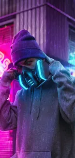 Neon cyberpunk wallpaper featuring a masked figure in vibrant night colors.