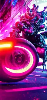 Neon cyberpunk wallpaper with motorcycle and alien.