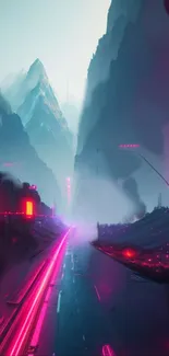 Neon cyberpunk city with mountains and futuristic elements.