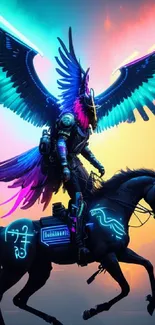 Neon cyberpunk-themed wallpaper with a futuristic rider on a glowing steed.