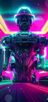 Neon cyberpunk wallpaper with futuristic robot design.