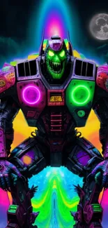 Neon cyberpunk robot with glowing eyes against a colorful backdrop.