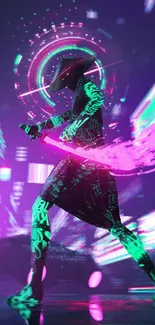 Neon cyberpunk samurai with glowing details and vibrant colors.