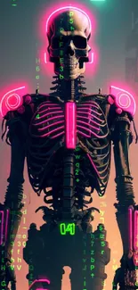 Neon cyberpunk skeleton with neon lights in futuristic cityscape.