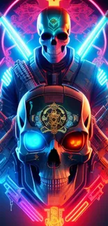 Neon cyberpunk skull art wallpaper with vibrant colors.