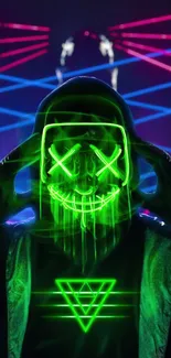 Neon cyberpunk skull with green glow and laser lights.