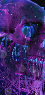 Neon skull art in purple and blue hues, cyberpunk style.