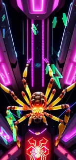 Futuristic neon spider art in cyberpunk design with vibrant magenta hues.