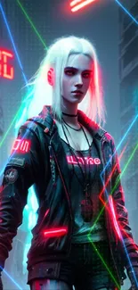 Futuristic cyberpunk character in neon-lit city.