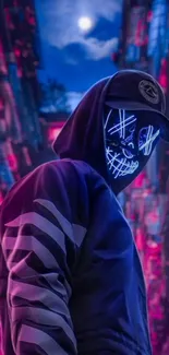 Cyberpunk masked figure in neon-lit alley.