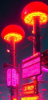 Vibrant neon cyberpunk street scene with glowing signs and red hues.