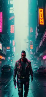 Vibrant neon cyberpunk street with mysterious character.