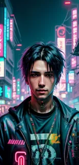 A person stands in a neon-lit cyberpunk street scene with futuristic vibes.