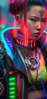 A futuristic neon cyberpunk street style image in vibrant colors.